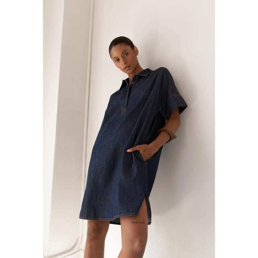 Paper Label Vlada Denim Shirt Dress Blue Cotton Short Sleeve Shift Size Medium